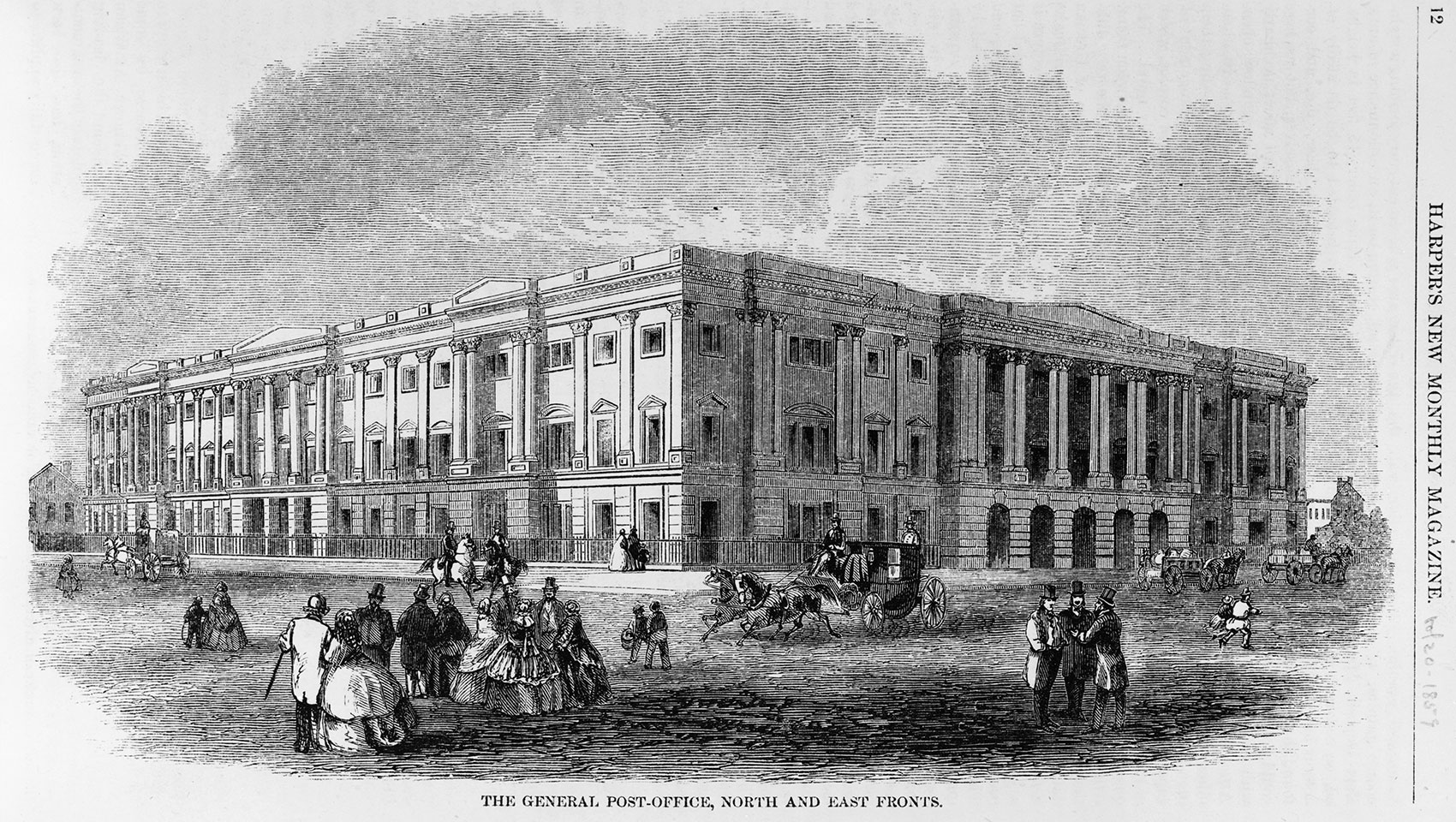 1859 engraving of Washington DC's General Post Office from Harper's New Monthly Magazine